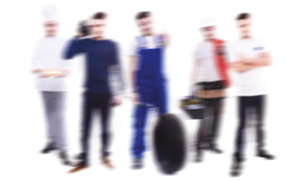 Blurred image of men in stereotypical work uniforms - a chef, a camera man, a handy man in dungarees, a construction worker, and a man in casual dress with arms crossed