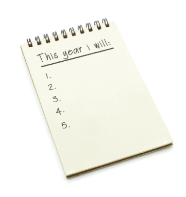 Note pad with the text "this year I will" and a list of numbers from 1 to 5