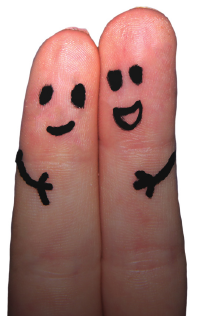 Two fingers with smiley faces crudely drawn on the finger tips with marker pen