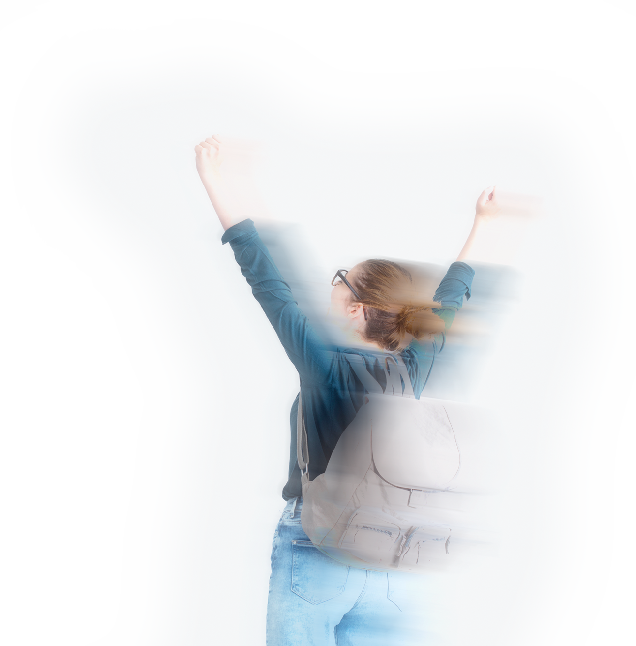 A young woman facing away from the camera, wearing a backpack and holding her arms up in the air