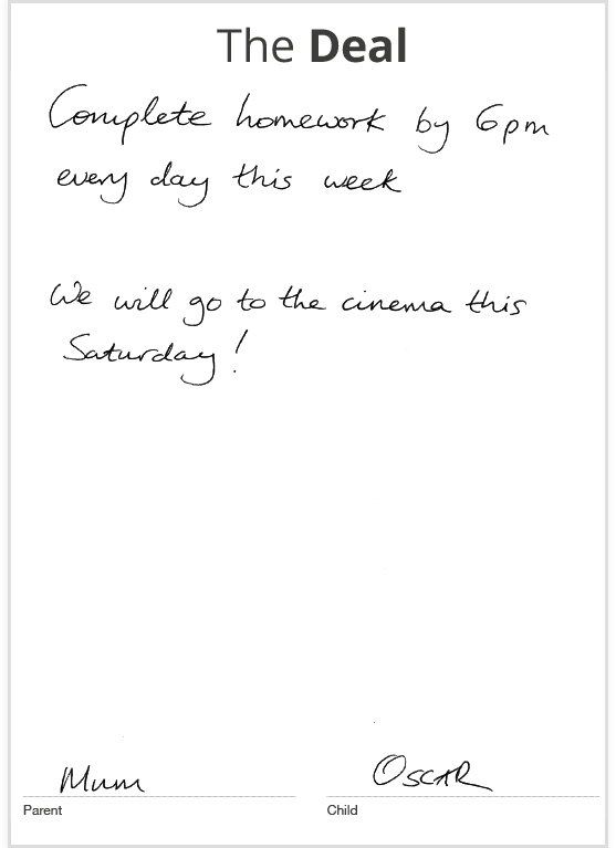 Handwritten contract with the text "Complete homework by 6pm every day this week. We will go to the cinema this Saturday! 