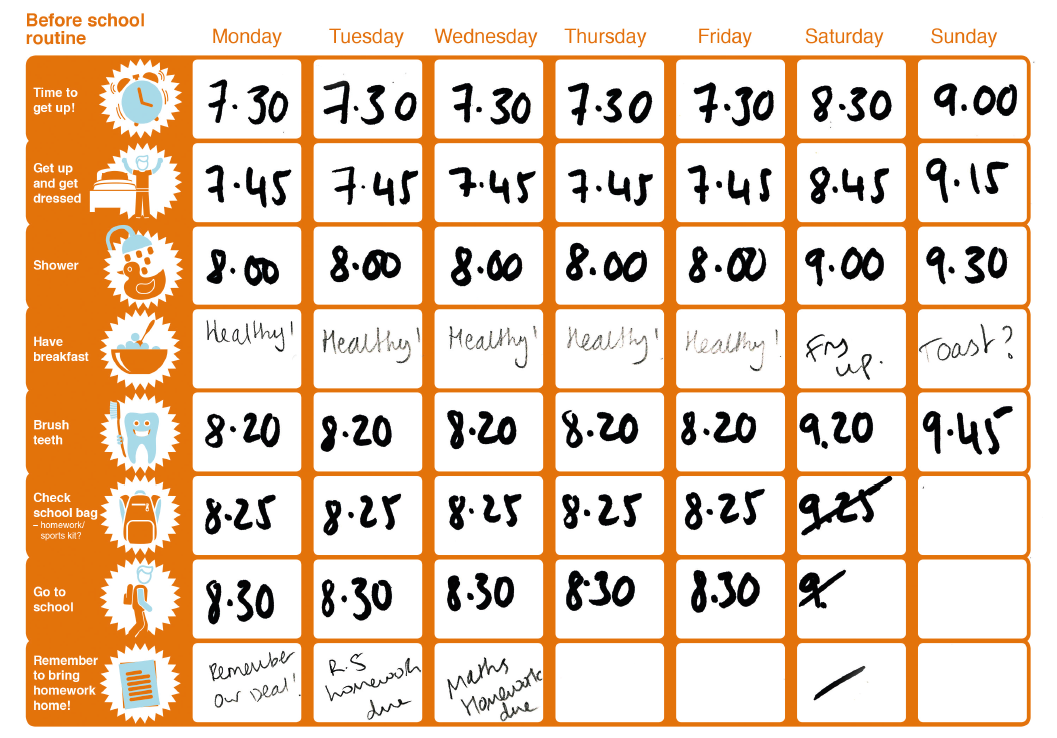 Graphic of a calendar showing a schedule of regular activities for a week